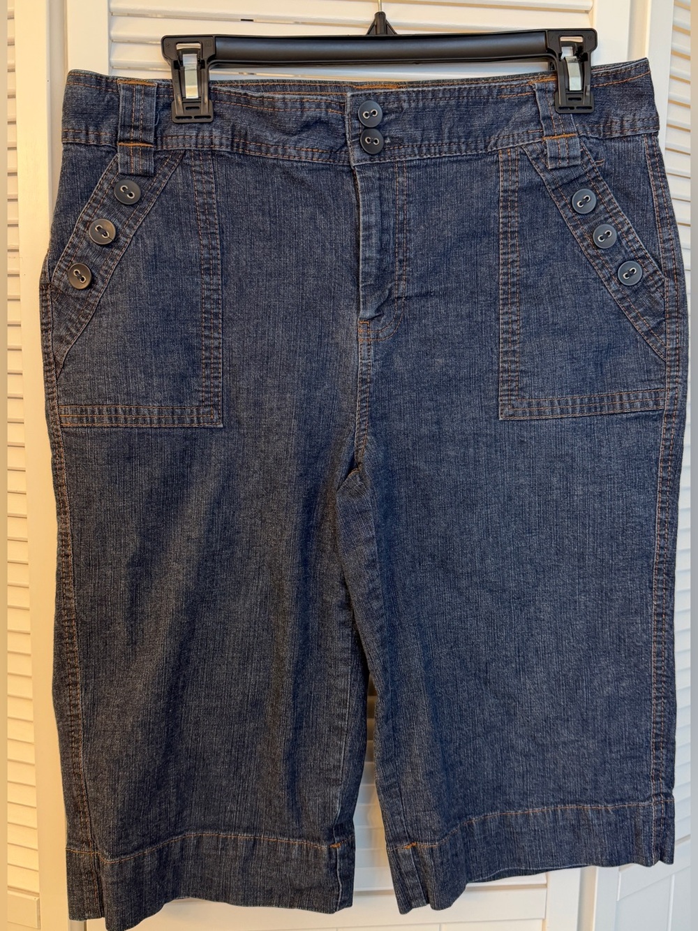 Blue Epic Button Front Capris, Size 8, NWOT